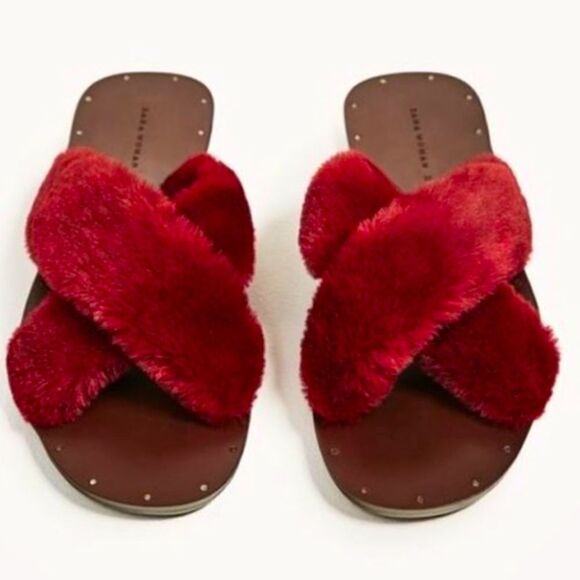 Zara Faux Fur Criss Cross Flat Slides-Size 37/6.5-7 - Picture 1 of 15